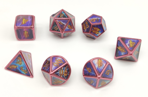 Hand Carved Metal Polyhedral Dice 7 Piece Set For Tabletop RPG