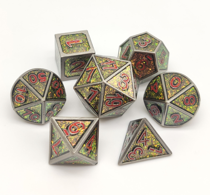 Hand Carved Metal Polyhedral Dice 7 Piece Set For Tabletop RPG