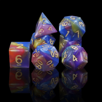 Three Colors Of Marble Resin Rpg Dice With Universal Logo
