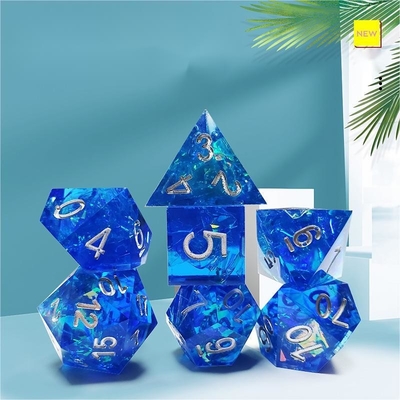 Blue Ocean Heart Crystal Resin Boarding Dice Set Dragon and Dungeon