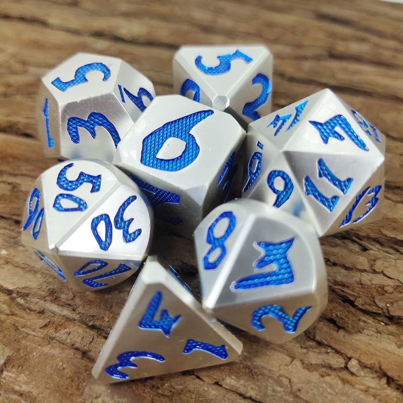 Luxury 7 Pcs Set Sturdy For Dungeon And Dragon Hand Pouring Polyhedral Dice Silver Blue For Rpg And Dnd Game