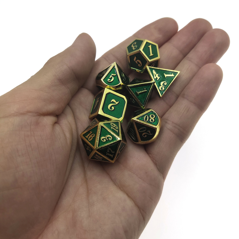 Custom Metal Dice Set Finish Size 16mm-22mm Gaming Dice Set 7 Piece Polyhedral Gilt Green