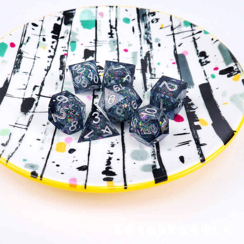 Blue -gray glitter liquid natural resin multi -face dice suite dragon and dungeon dnd dice