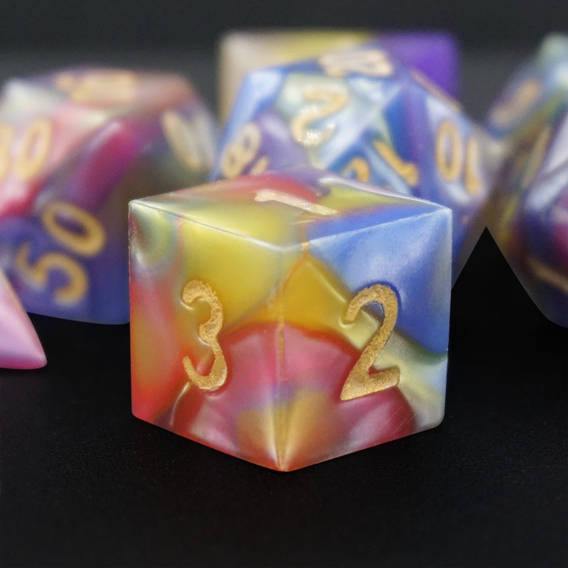 Three Colors Of Marble Resin Rpg Dice With Universal Logo