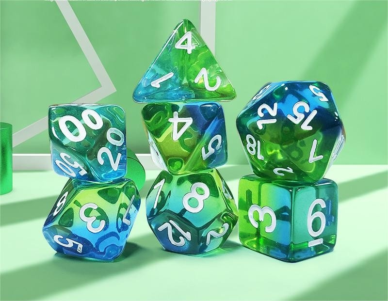 Mint green crystal natural resin multi -faceted board game dice set Dragon and Dungeon