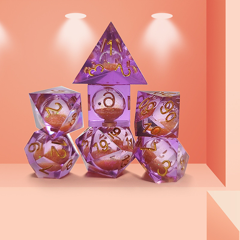 Orange Flowing Sand Purple Crystal Resin Polyhedral Dice Multi  Noodle Tablet Game Dice Set