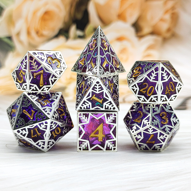 Purple resin&amp;snowflake metal frame tabletop role-playing game specific multi sided dice set
